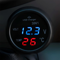 Автомобильная зарядка в прикуриватель с вольтметром и термометром